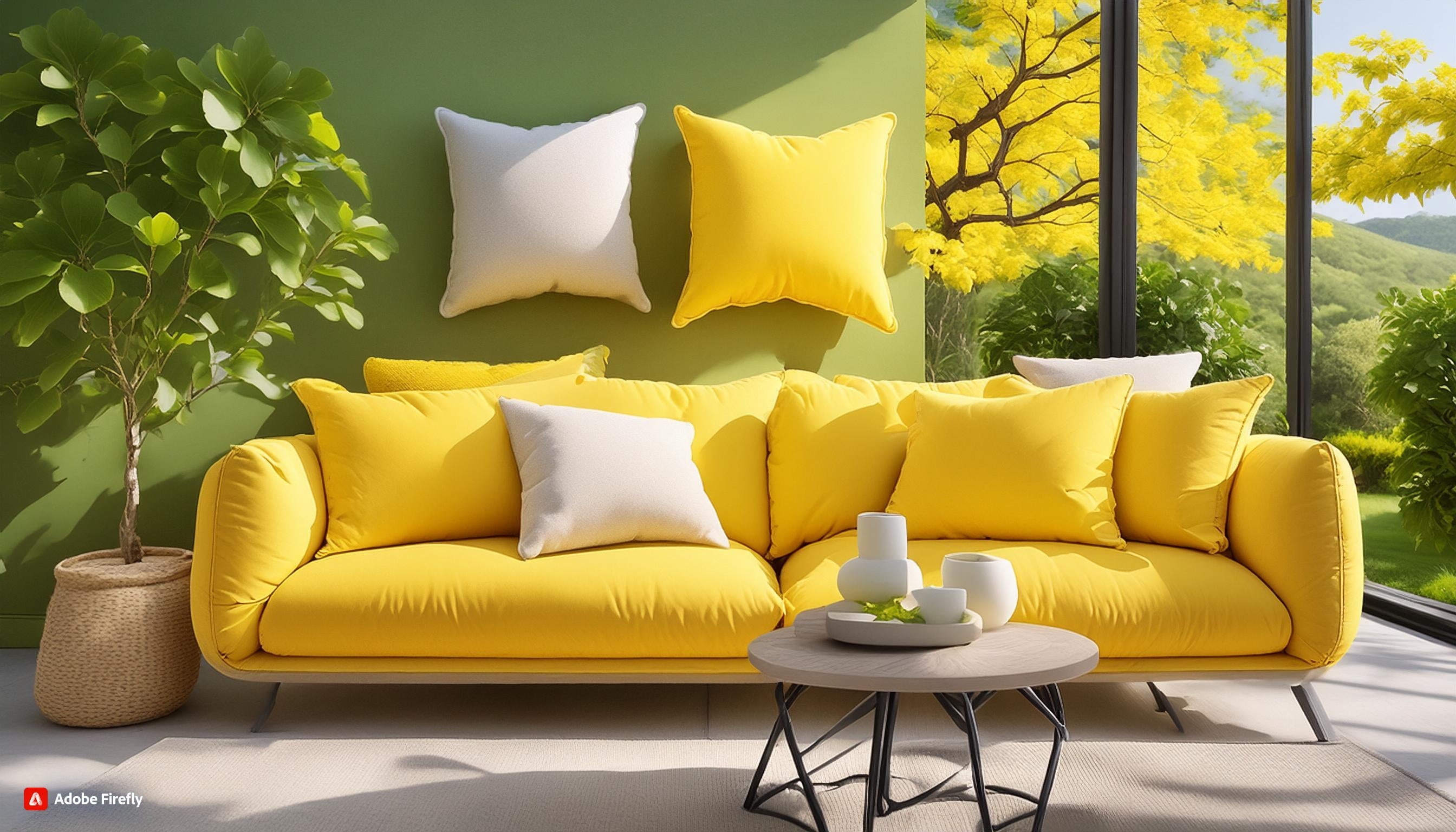 Bright yellow sofa with white and yellow cushions in a sunlit room, surrounded by natural green plants and a large window with outdoor view.