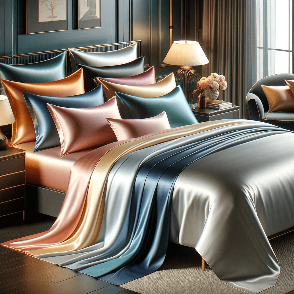 Luxurious satin bed sheets and pillowcases in multiple colors on a stylish bed for ultimate sleep comfort.