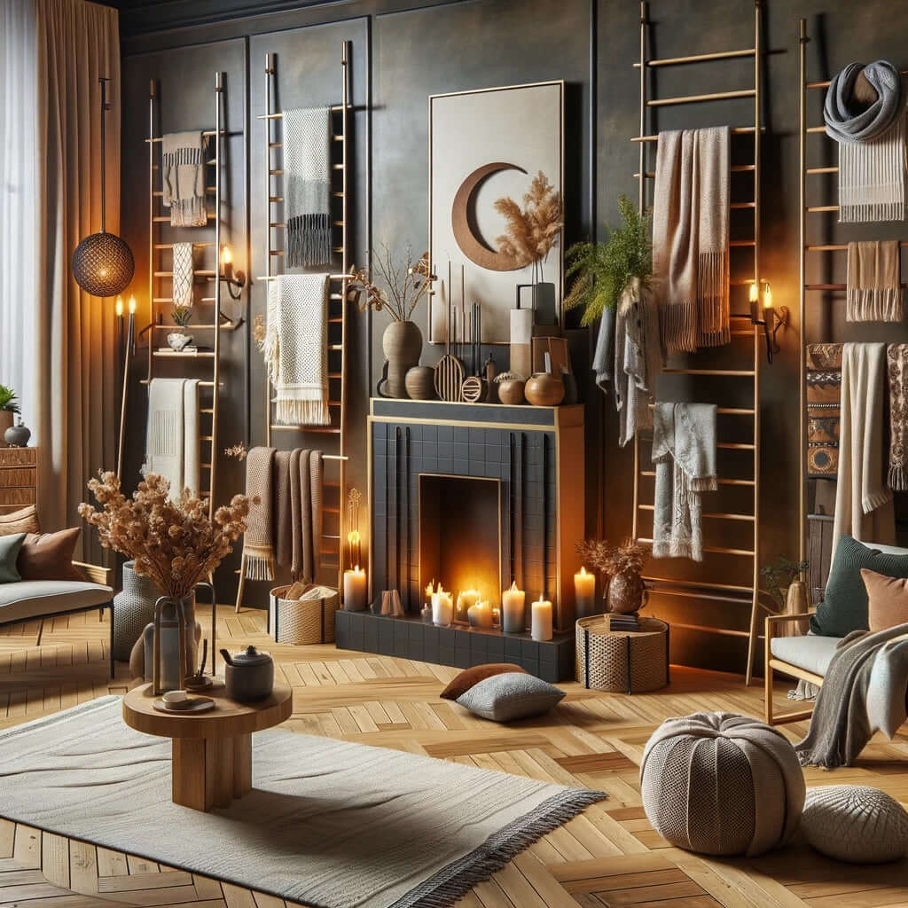 Stylish living room with blanket ladders and racks displaying cozy blankets, adding elegance and organization to the decor.
