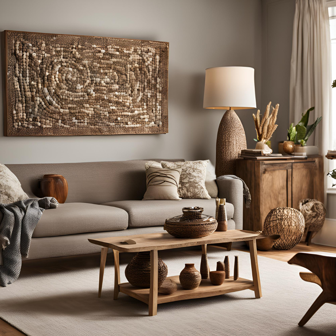 Elegant living room with handmade artisan decor, featuring a woven wall hanging, rustic wooden furniture, and cozy textured accents.