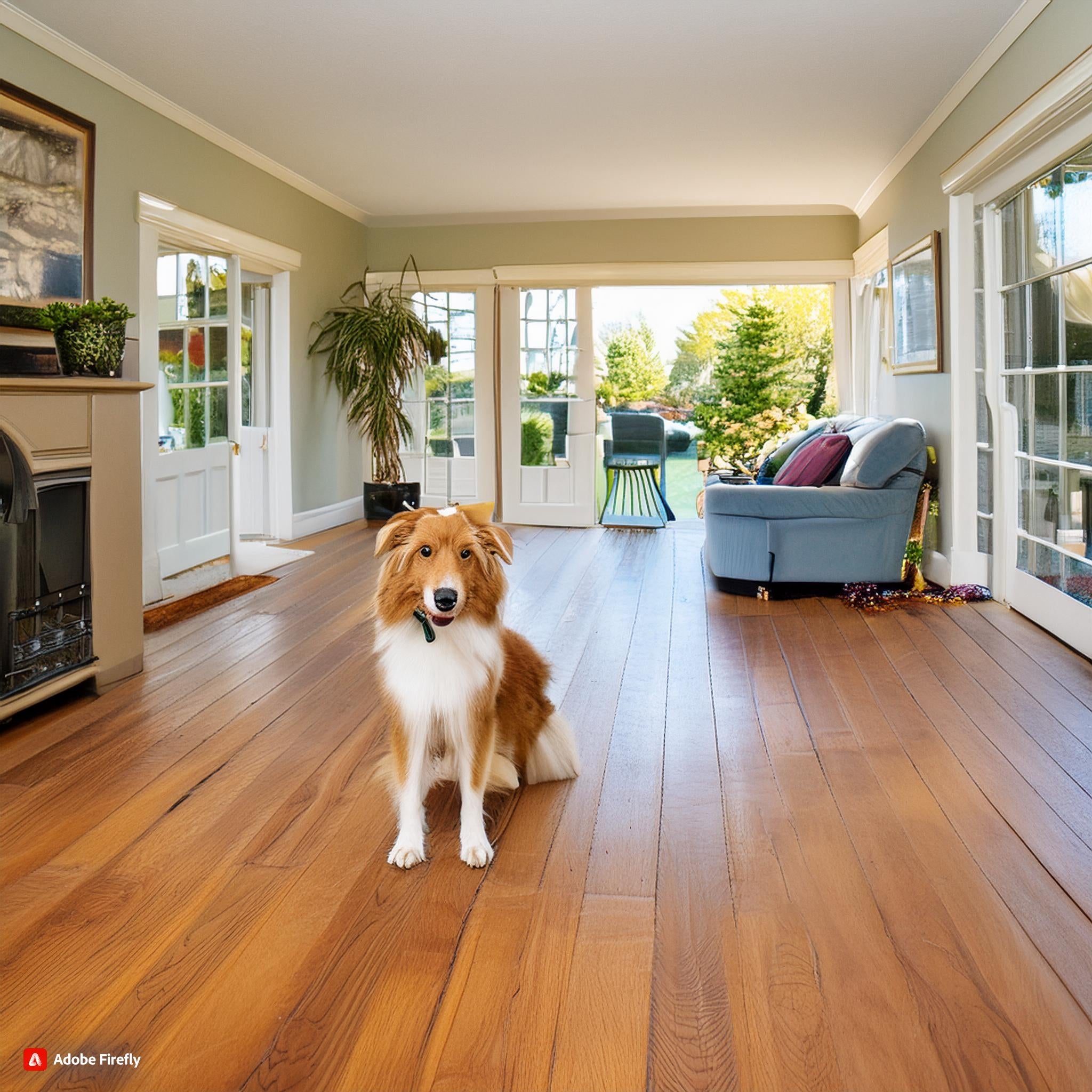 Cozy pet-friendly living room with hardwood floors and a happy dog sitting, showcasing stylish home design for furry family members.