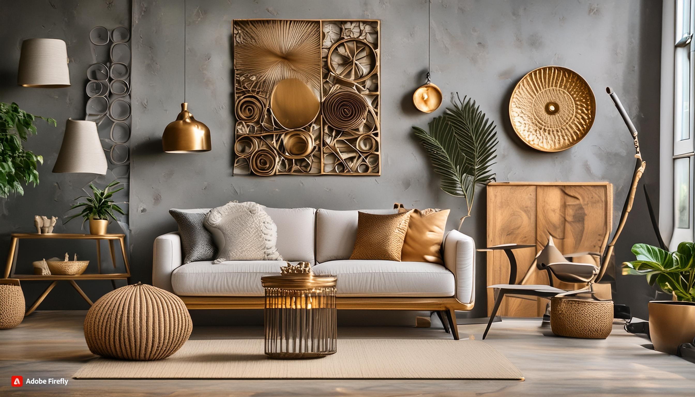 Stylish living room with metal wall art, modern sofa, and gold accents for a stunning home decor combination.