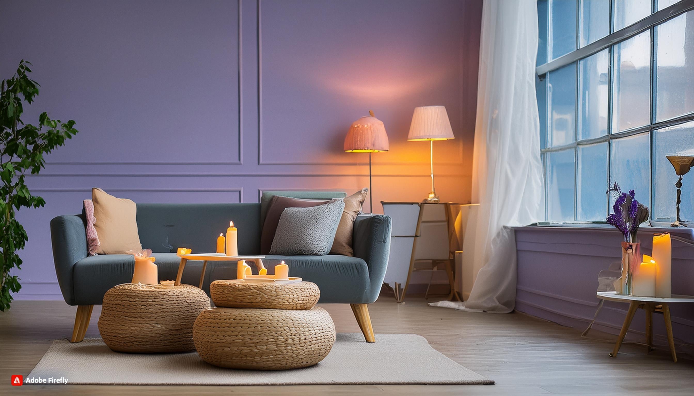 Cozy living room with purple walls, soft lighting, candles, and a blue sofa for a calming atmosphere.