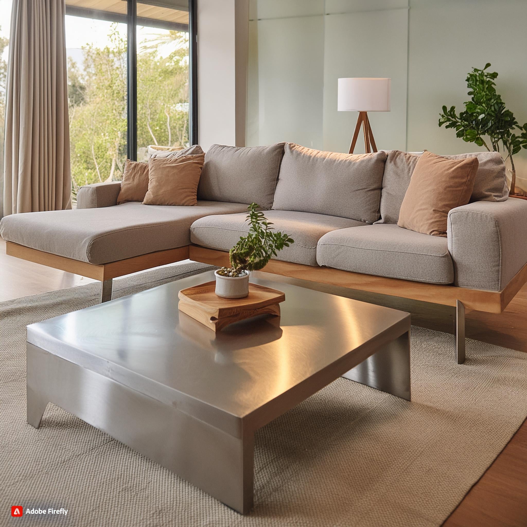 Modern living room with metallic coffee table, neutral sofa, and elegant decor elements.