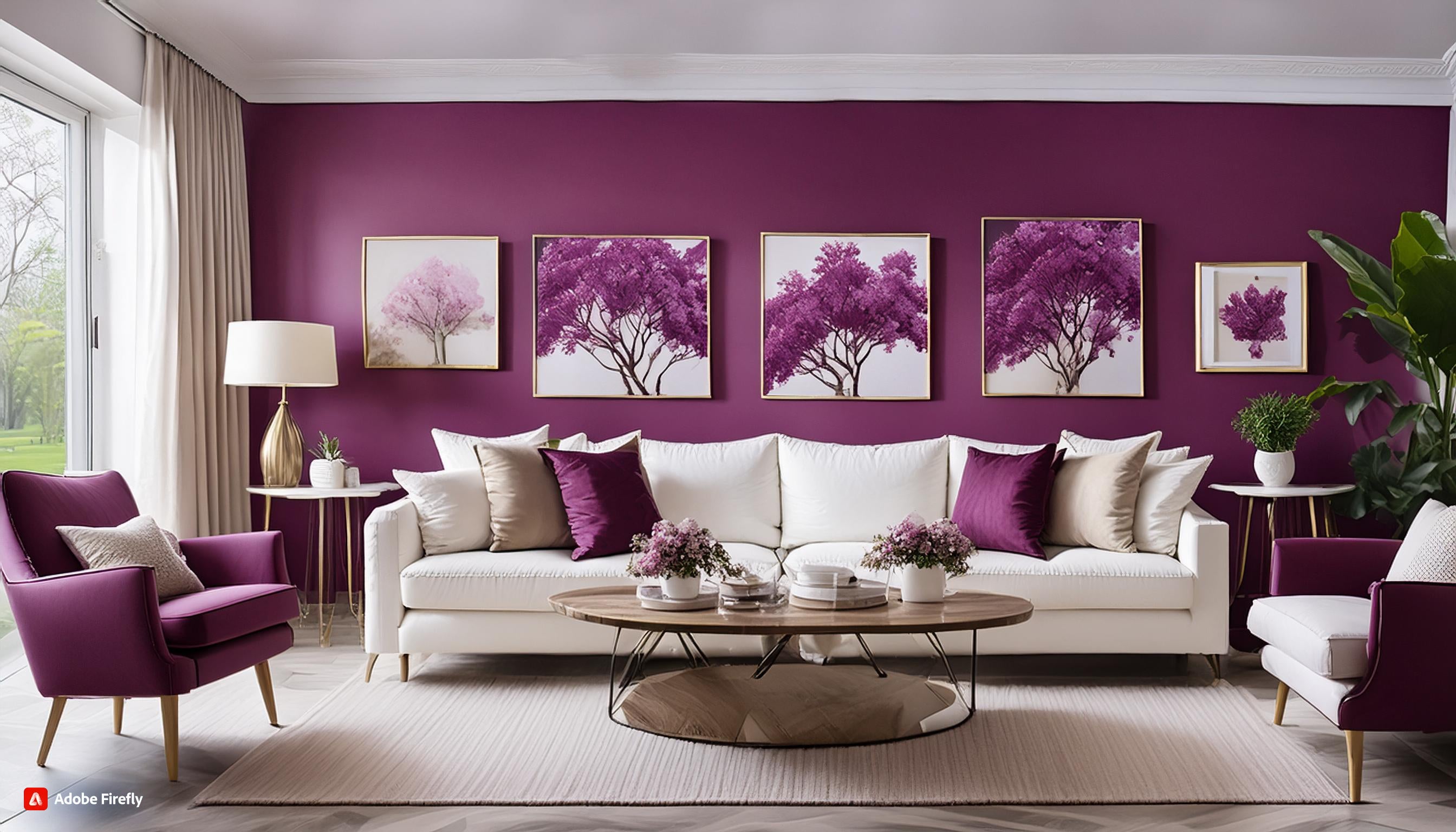 Luxurious living room with deep purple walls and accents, featuring white sofa, purple chairs, and framed artwork for 2024 home decor trends.