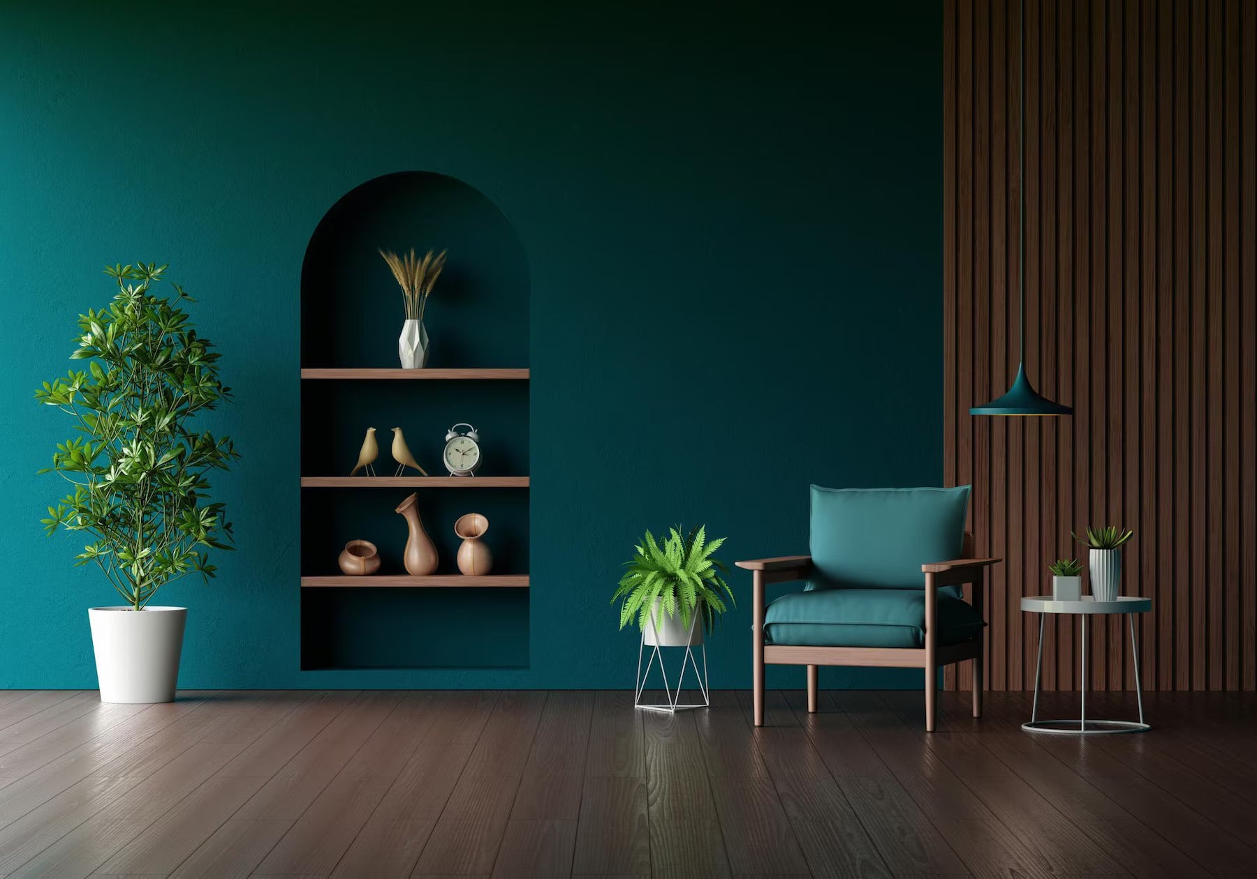 Modern living room with teal accent wall and stylish decor elements, showcasing a top wallpaper trend for 2024.