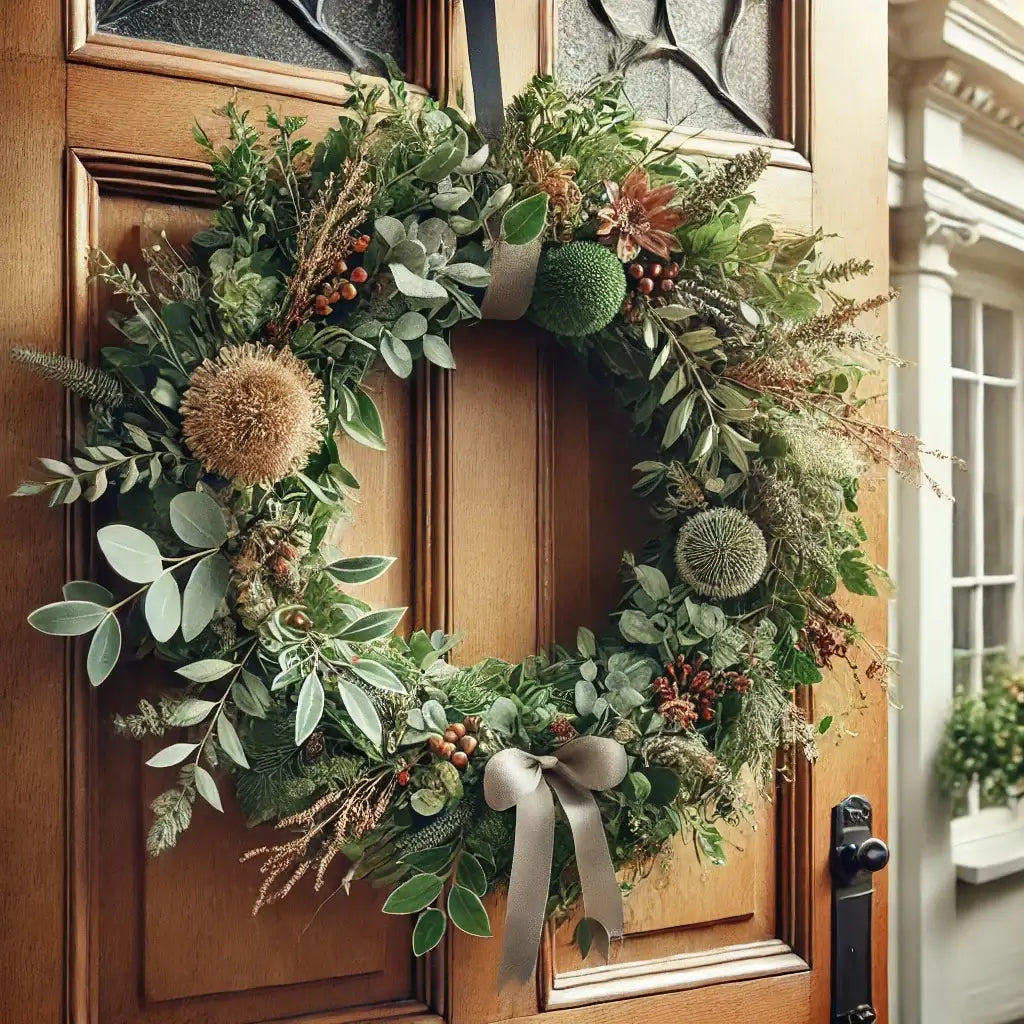 Natural greenery wreath with seasonal florals on door, perfect for indoor and outdoor use, adding a charming touch to your home.