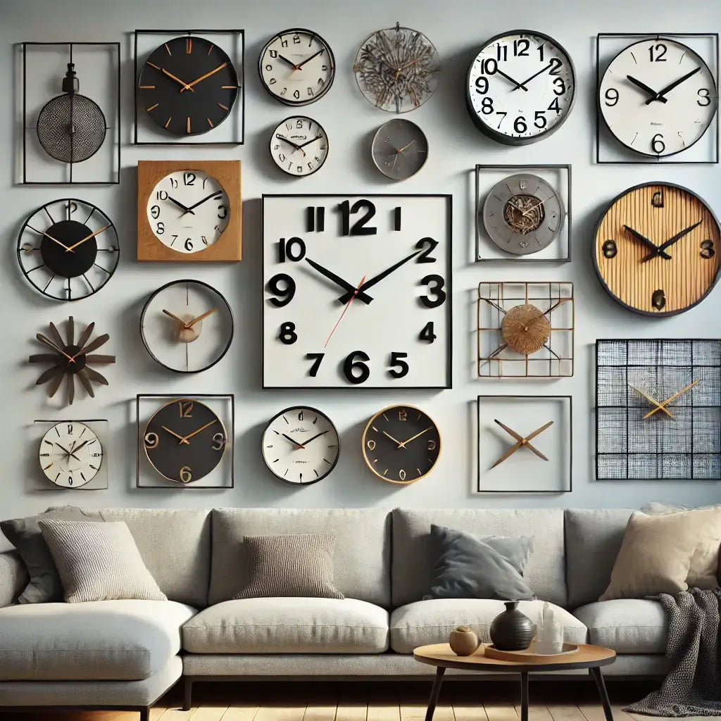 Elegant wall clock collection showcasing minimalist, rustic, and contemporary geometric designs above a modern sofa.