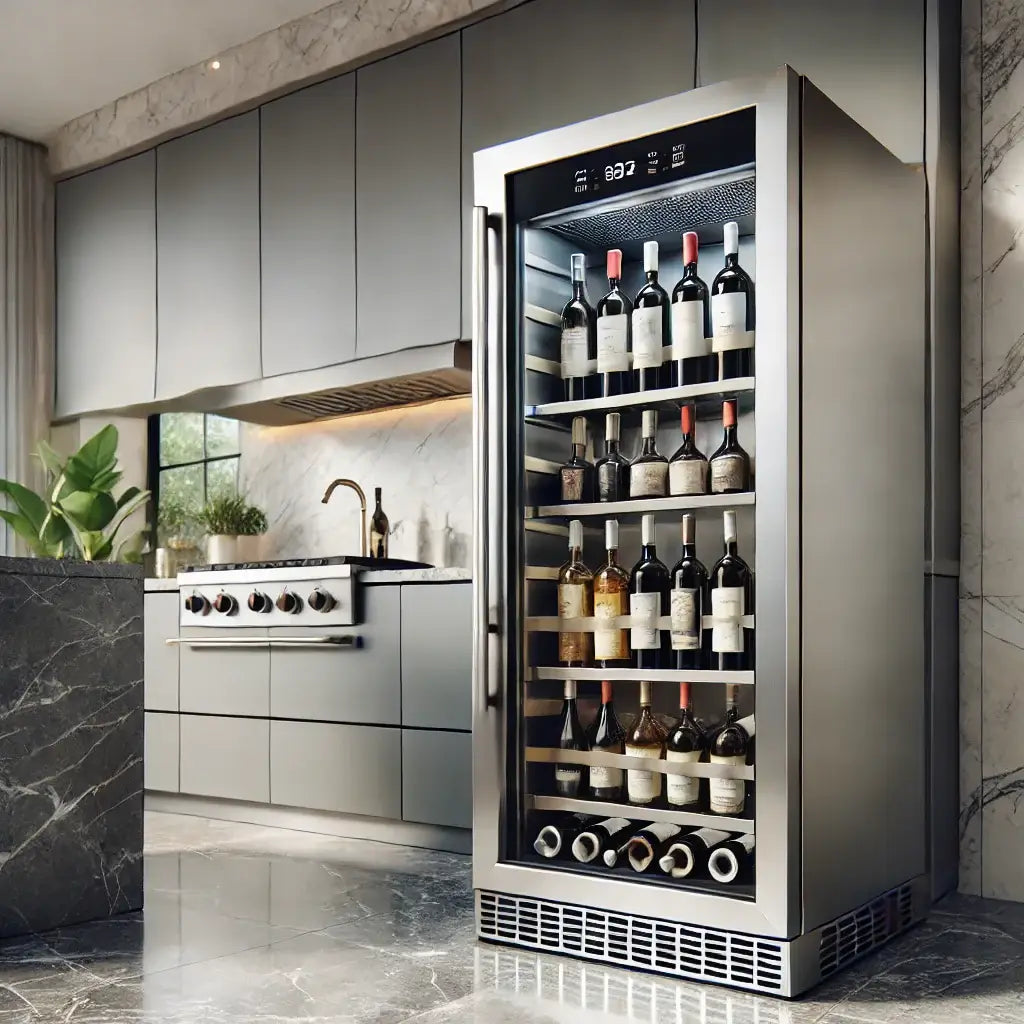 Sleek stainless steel wine cooler filled with bottles, integrated into modern kitchen design for stylish and functional wine storage.