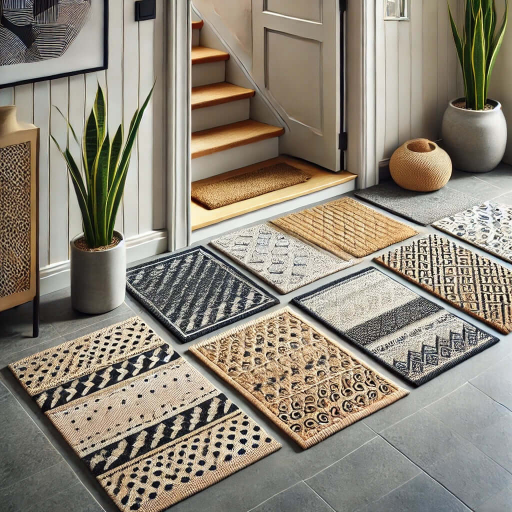 Stylish doormats with geometric and patterned designs in an entryway, made from coir and fabric materials for durability.