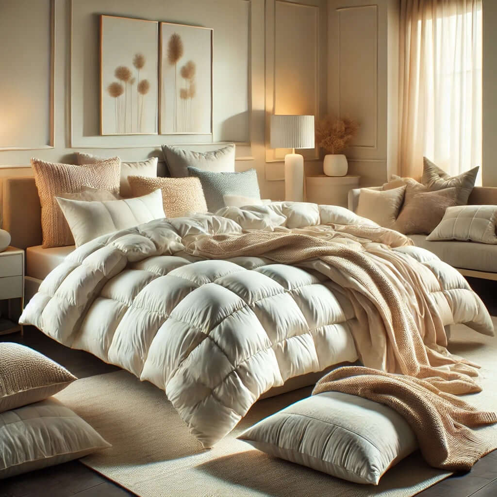 Luxurious down comforter and duvet set in neutral tones on a cozy bed in a serene bedroom setting with plush pillows and soft lighting.