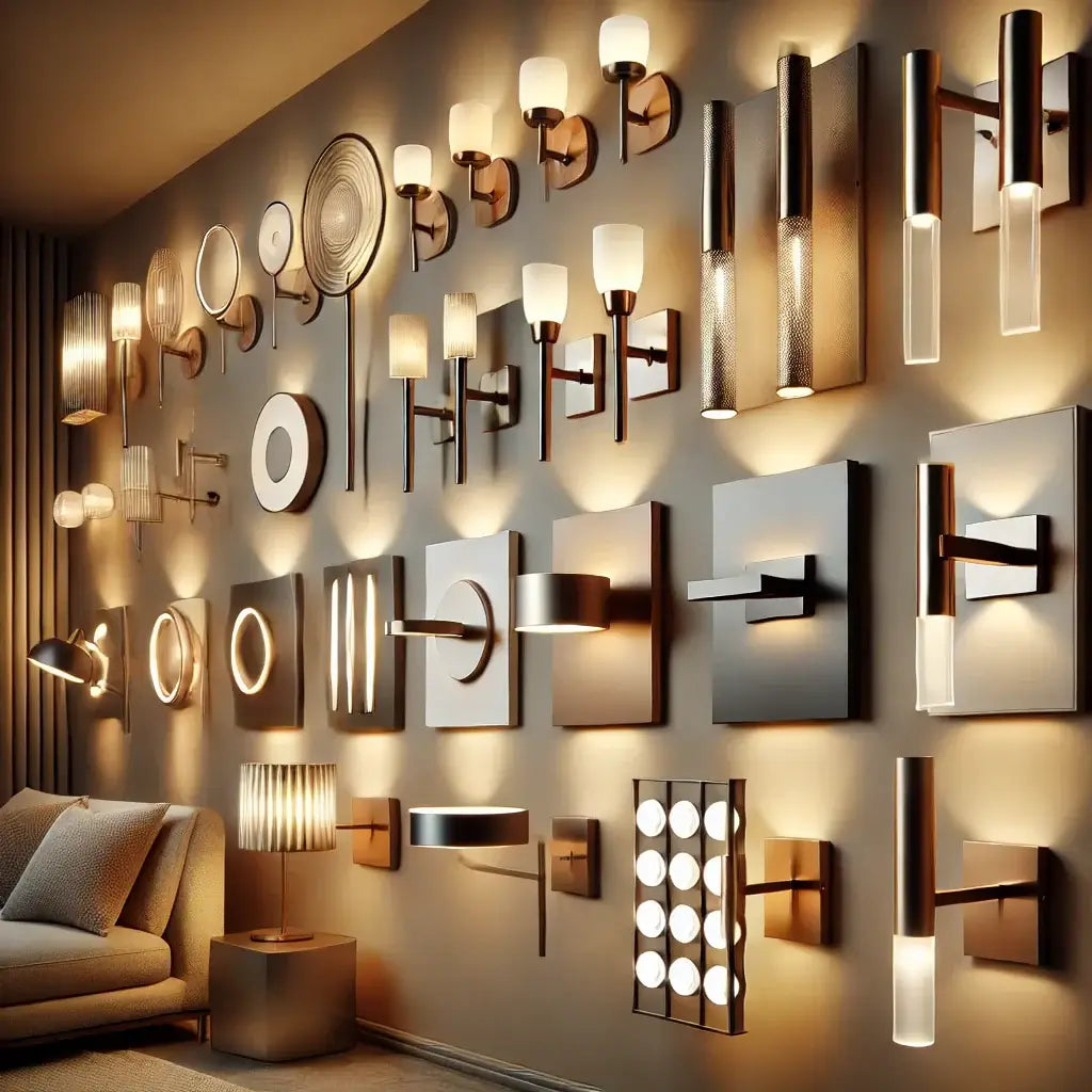 Modern wall lighting fixtures in various styles including metallic sconces and LED panels, illuminating a cozy living space.