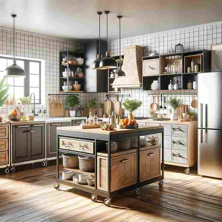 A display of versatile and stylish kitchen carts and islands in a contemporary kitchen setting. These kitchen carts and islands feature various designs