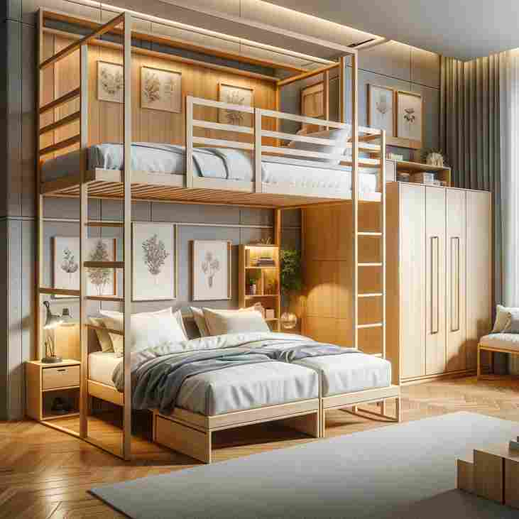 Stylish and space-efficient loft beds in a modern bedroom setting, featuring smart designs made from solid wood or metal, showcasing how they maximize vertical space and provide comfort.