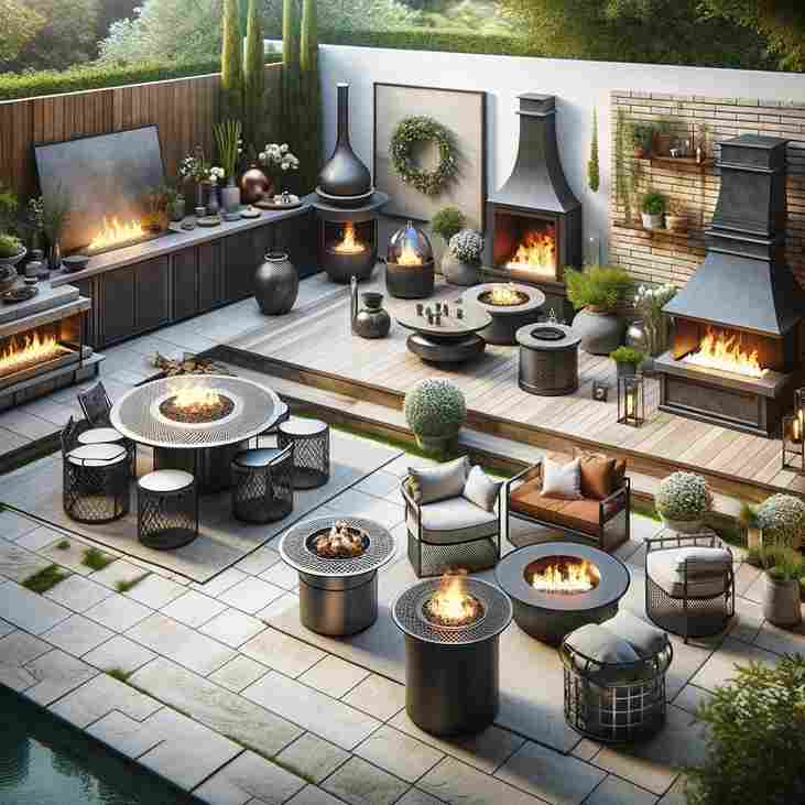 Various outdoor fireplaces and firepits in a backyard setting, showcasing different styles from modern to traditional, made from materials like metal and stone, enhancing outdoor entertainment areas.