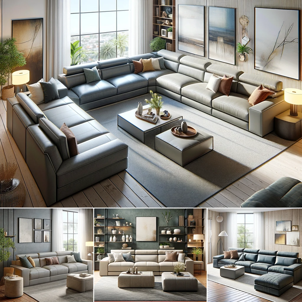Various stylish sectional sofas in a contemporary home setting, featuring designs from modern to plush, made from materials like leather, fabric, and microfiber, arranged in living rooms for comfort and style.