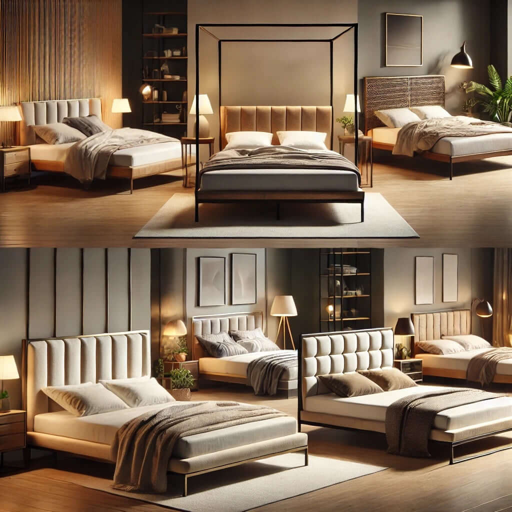 Elegant standard beds in a stylish showroom featuring wooden, upholstered, and metal designs for a modern bedroom aesthetic.