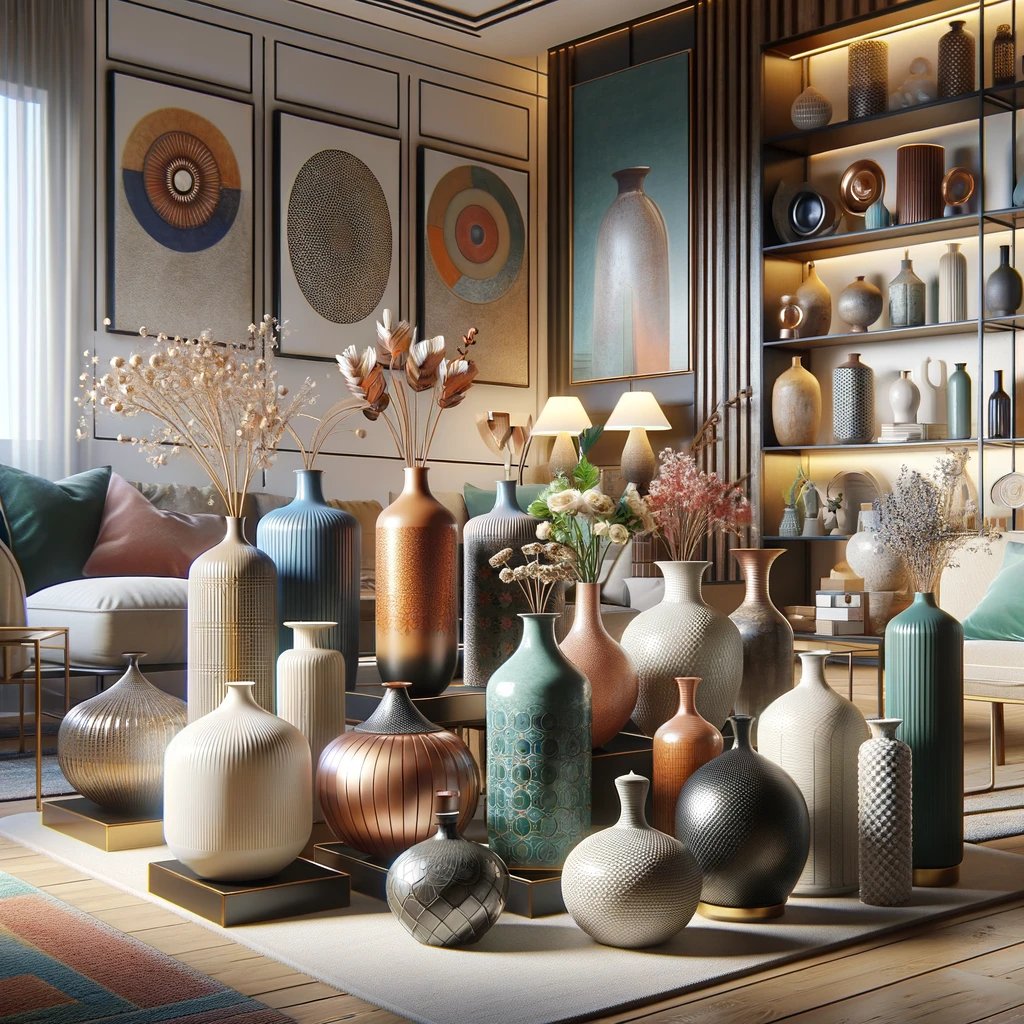 Various artistic vases in a home decor setting, featuring a range of styles, sizes, and colors, from modern to intricate, made from ceramic, glass, and metal, placed in living rooms and dining areas.