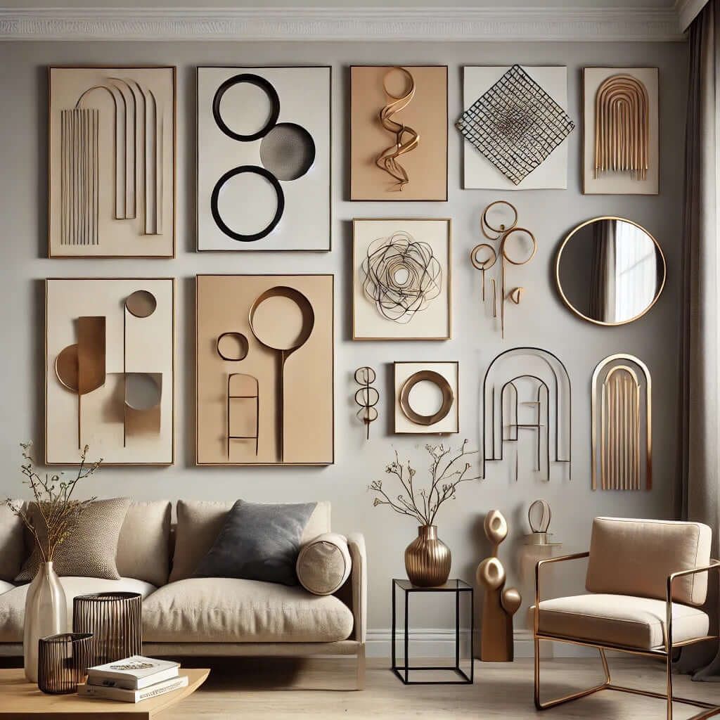 Modern wall decor with abstract art and minimalist metal sculptures in a stylish living room setting.