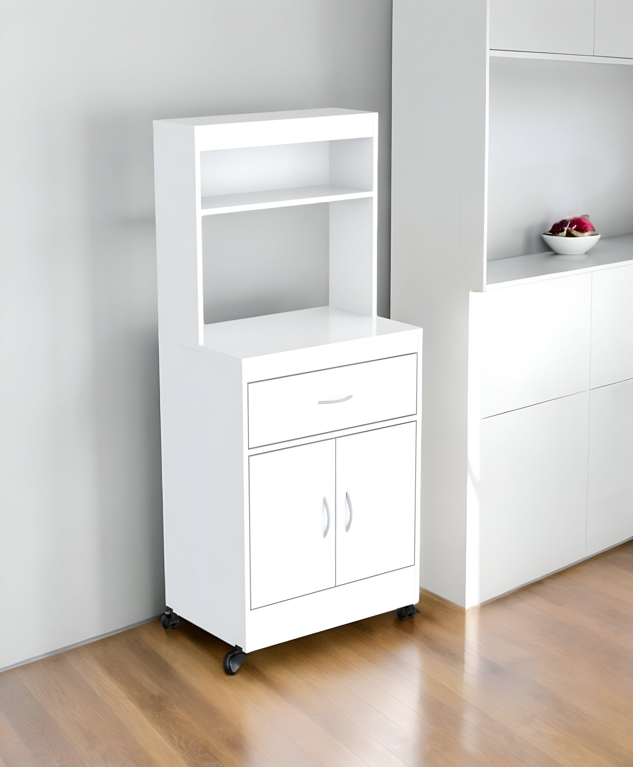 White Finish Wood Microwave Cabinet With Two Doors And Drawer