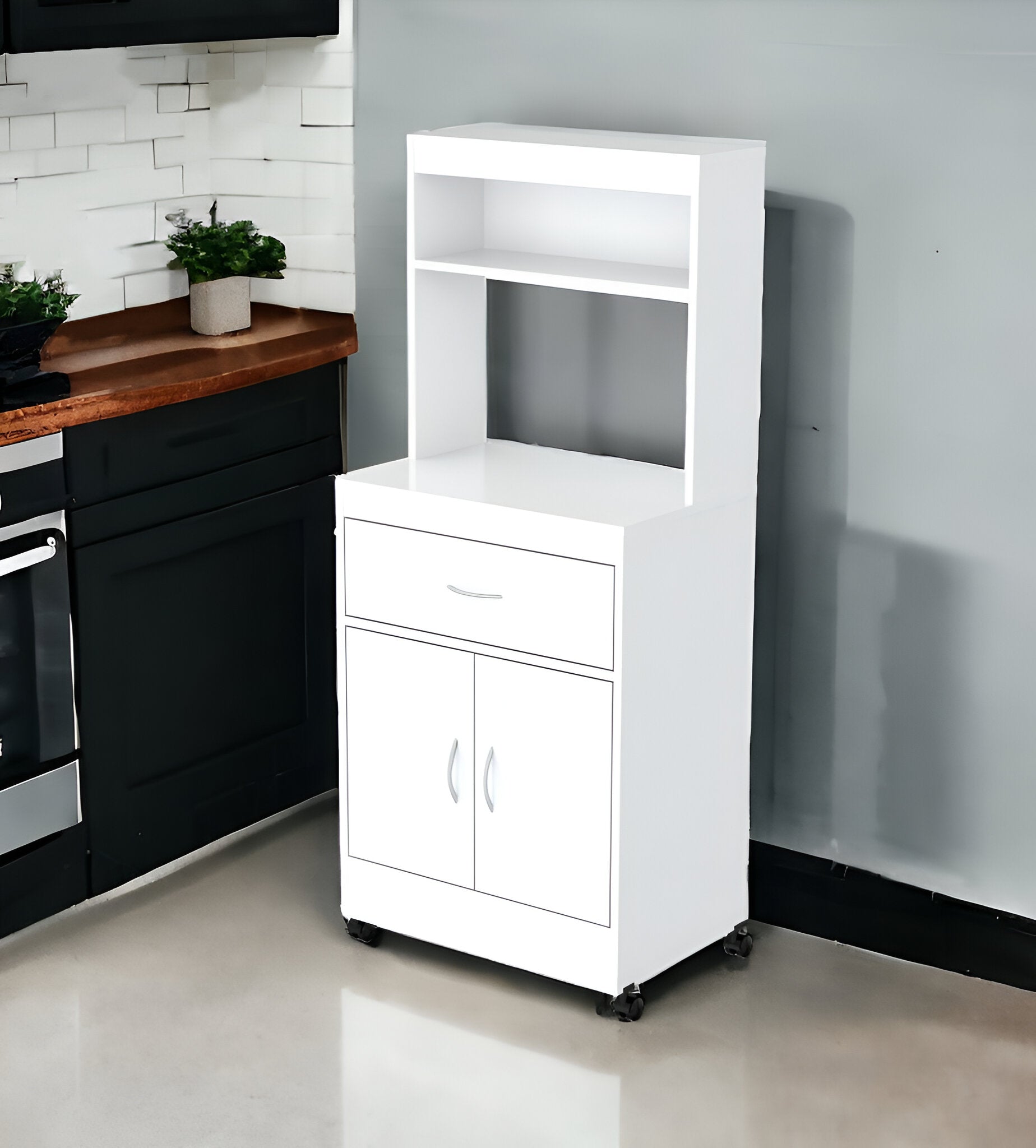 White Finish Wood Microwave Cabinet With Two Doors And Drawer