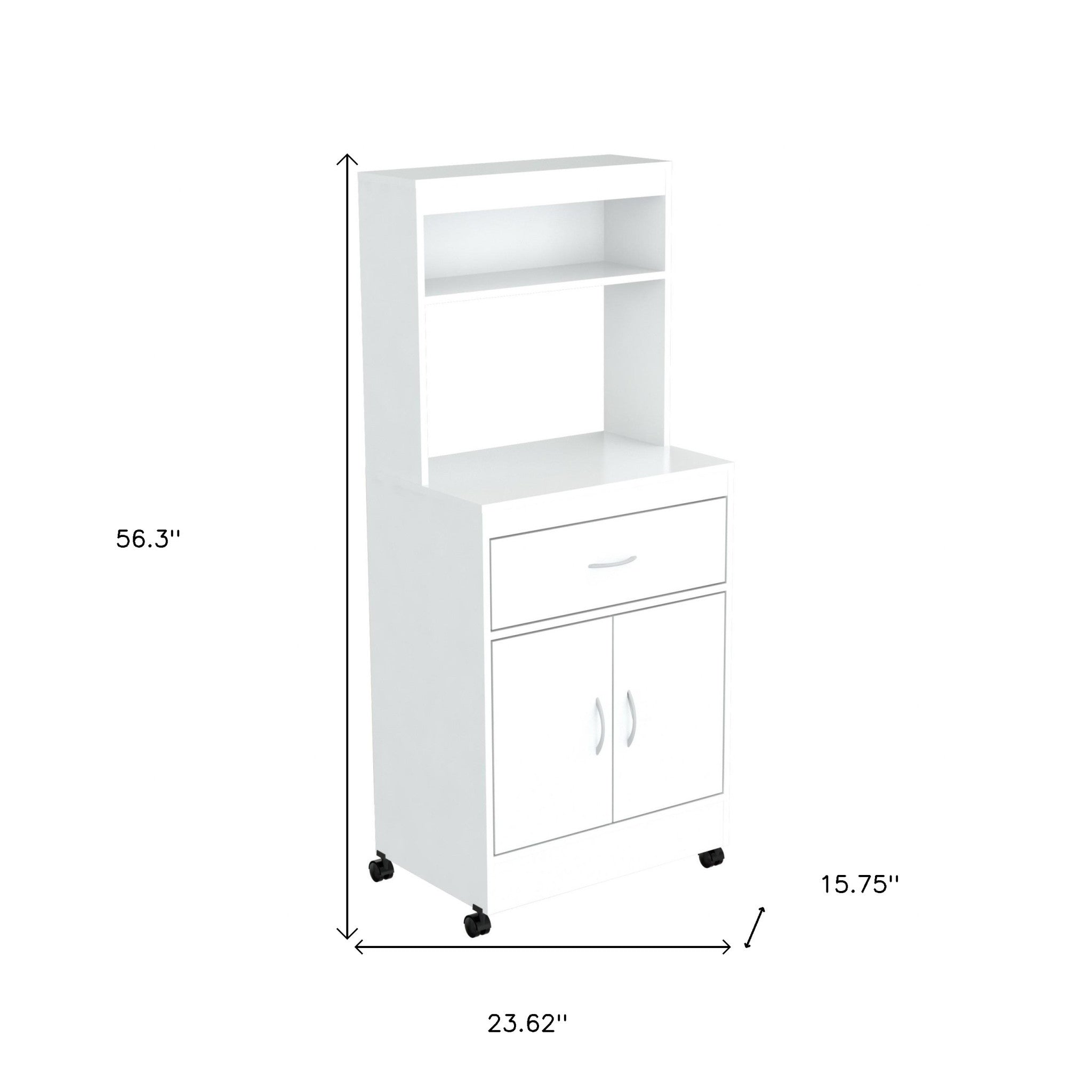 White Finish Wood Microwave Cabinet With Two Doors And Drawer