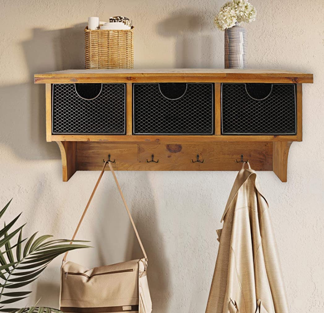 Brown Rustic Wooden Wall Shelf With 3 Drawers And Hooks