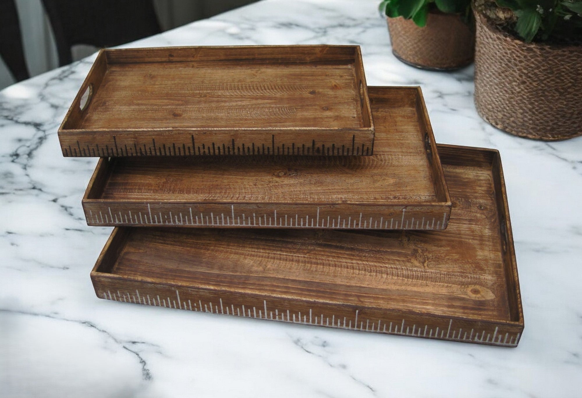 Set of Three Brown Wood Serving Tray