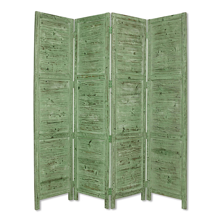 84" Green Rustic Wood Folding Four Panel Screen Room Divider