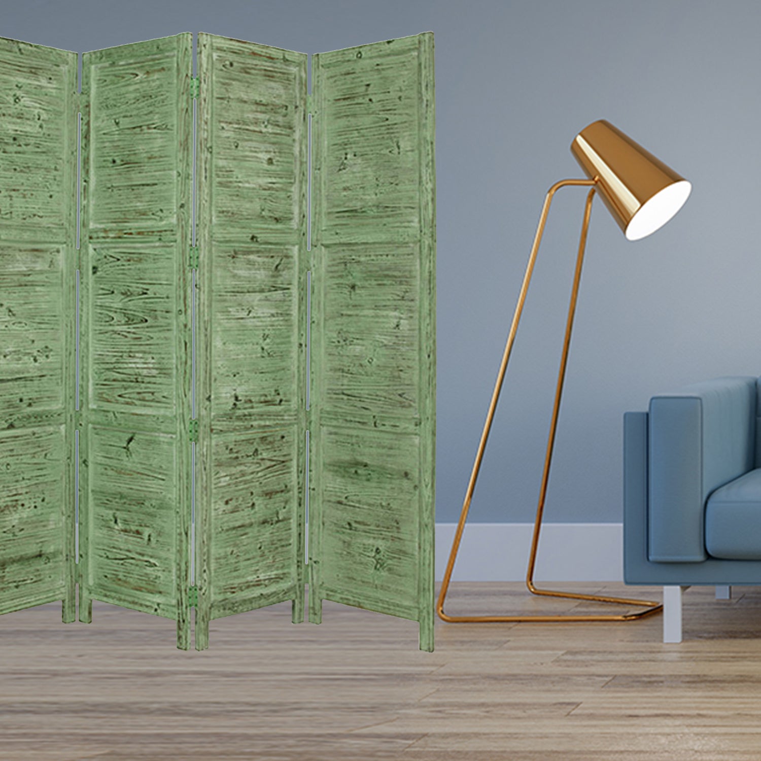 84" Green Rustic Wood Folding Four Panel Screen Room Divider