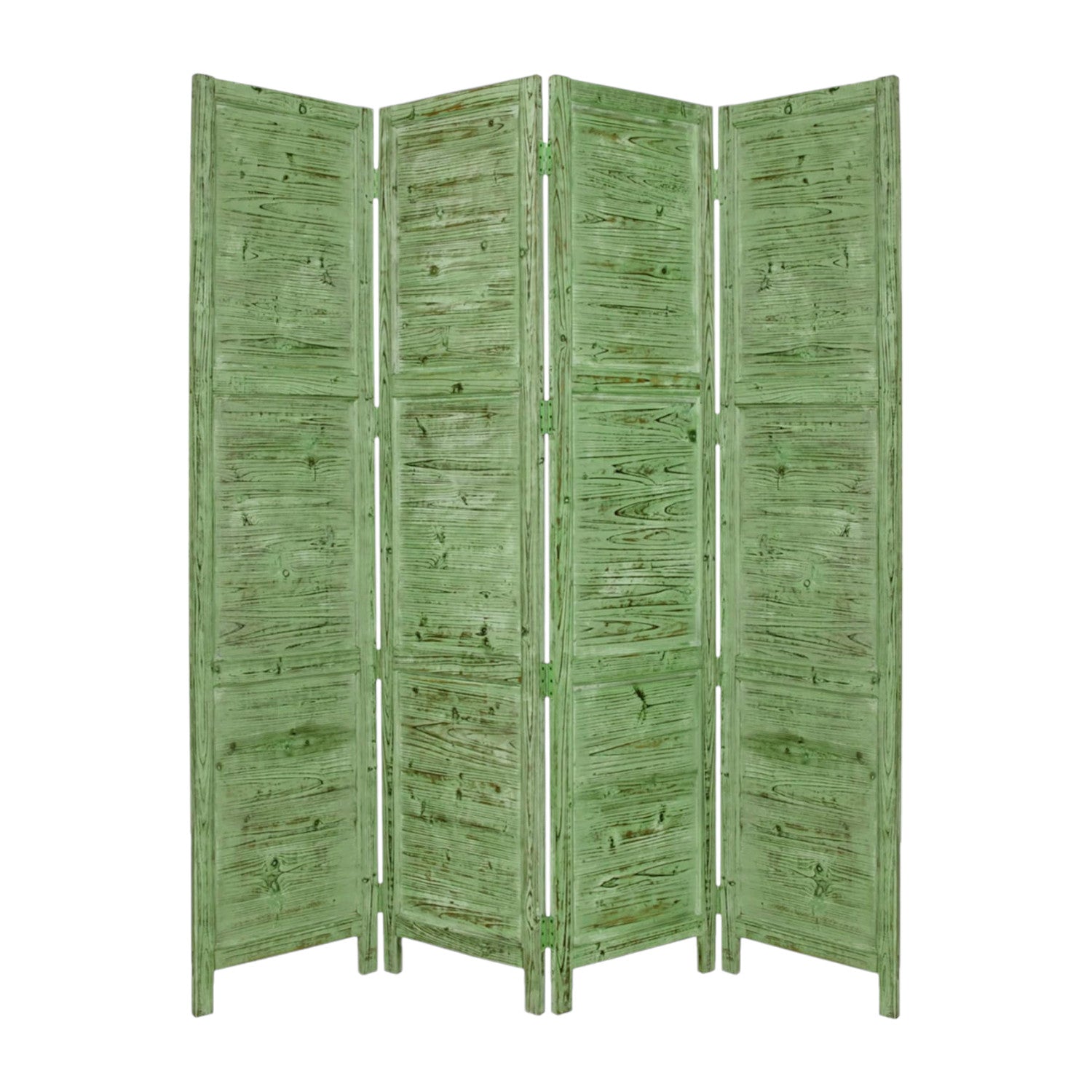 84" Green Rustic Wood Folding Four Panel Screen Room Divider