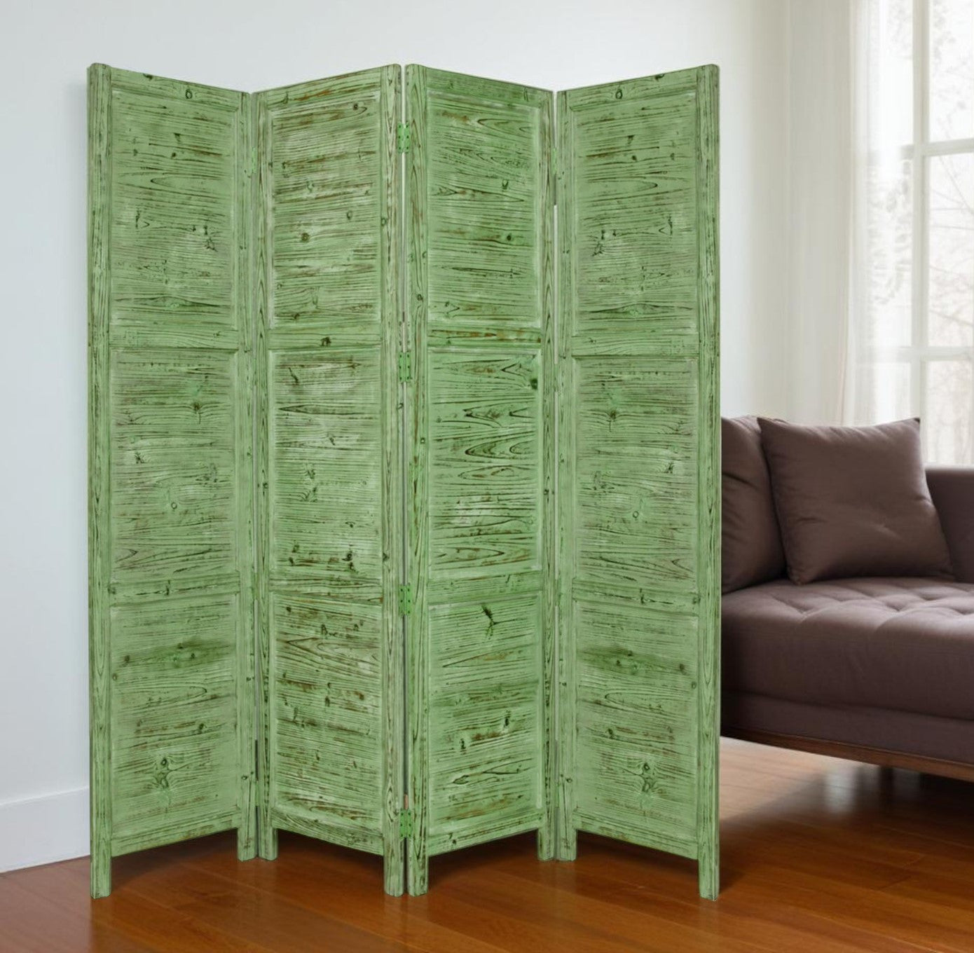 84" Green Rustic Wood Folding Four Panel Screen Room Divider