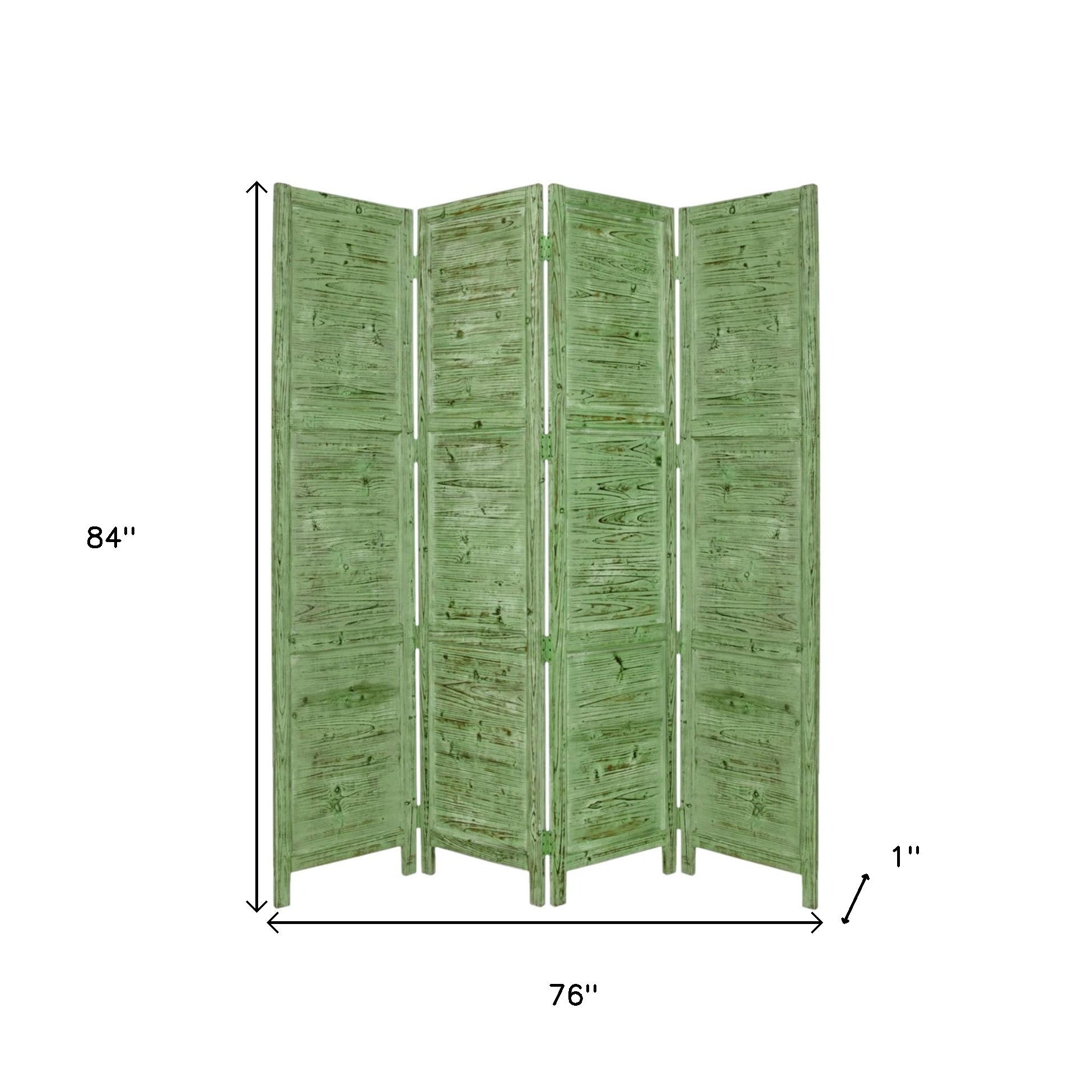 84" Green Rustic Wood Folding Four Panel Screen Room Divider