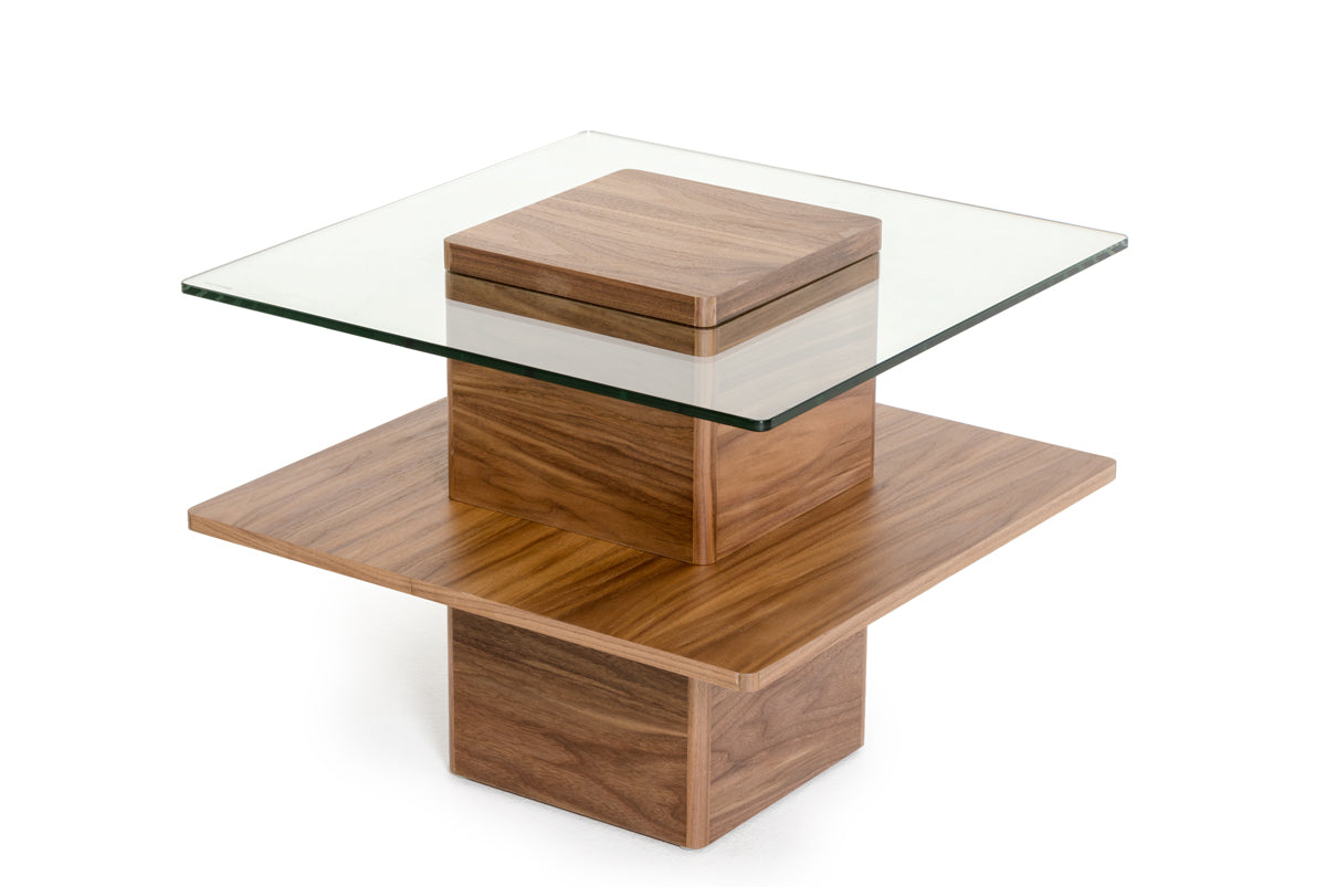 19" Walnut Veneer And Glass End Table