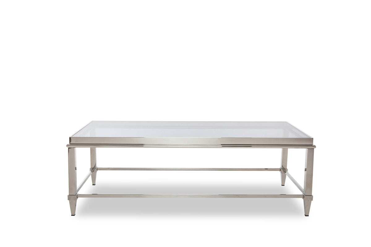 55" Clear And Silver Glass And Steel Coffee Table