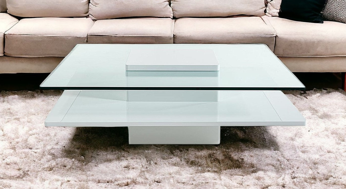 39" Clear And White Glass Coffee Table With Shelf