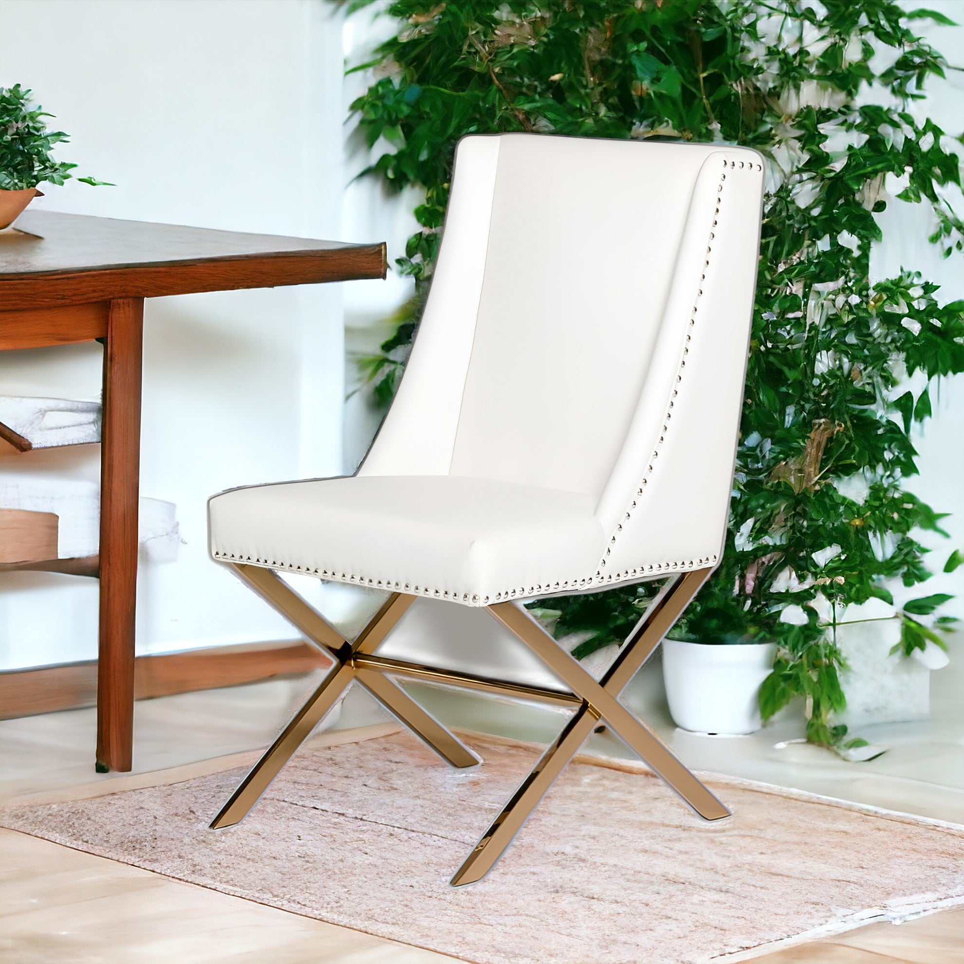 White And Gold Upholstered Faux Leather Dining Side Chair