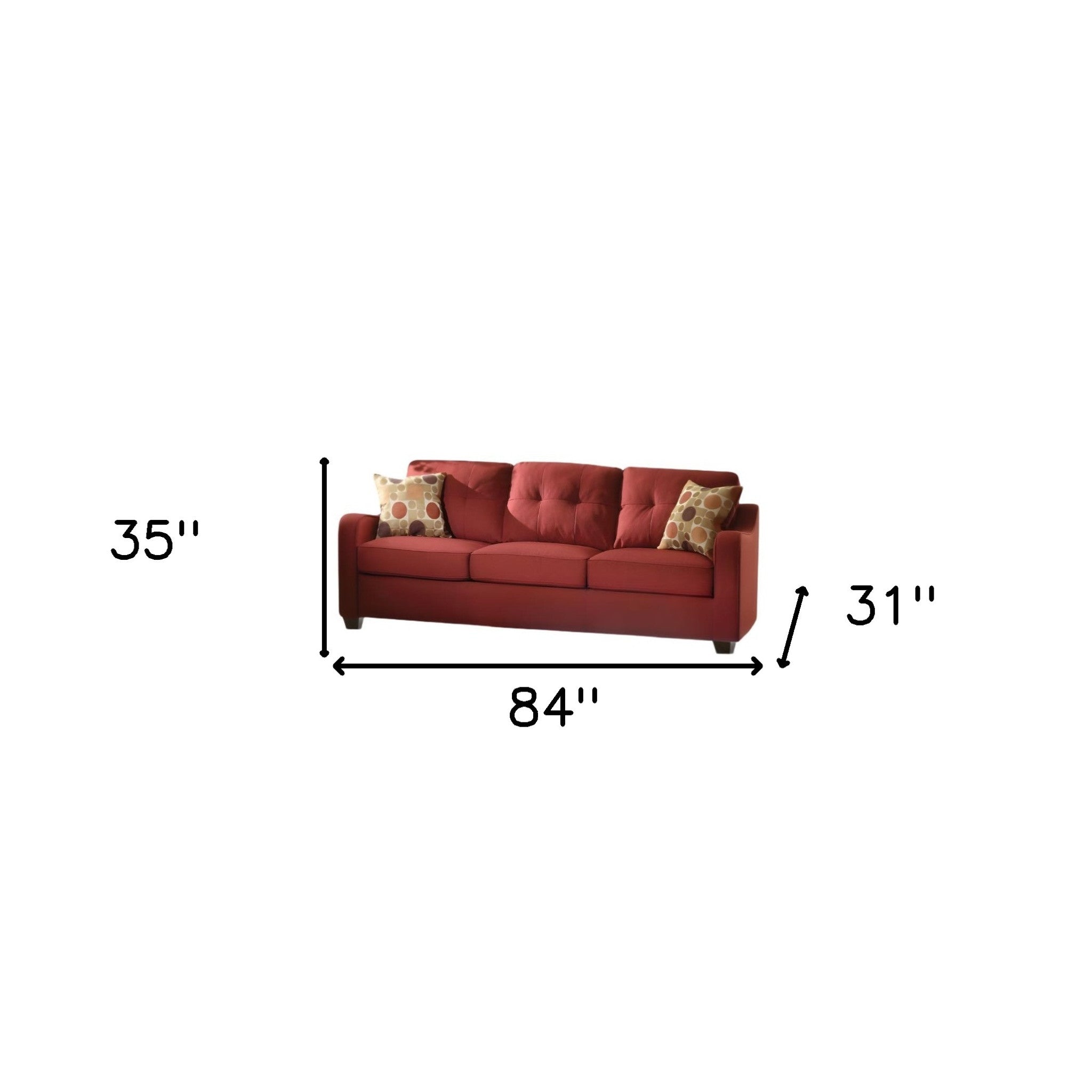 84" X 31" X 35" Red Linen Sofa With 2 Pillows