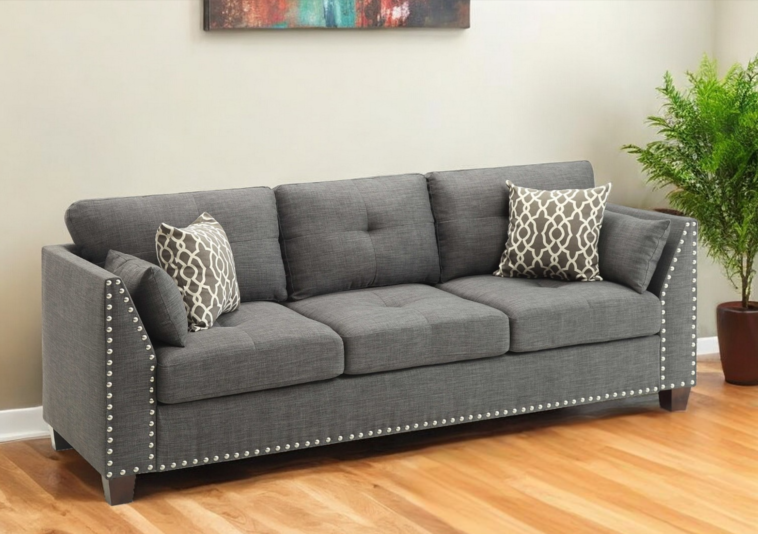 68" Gray Linen Sofa With Black Legs