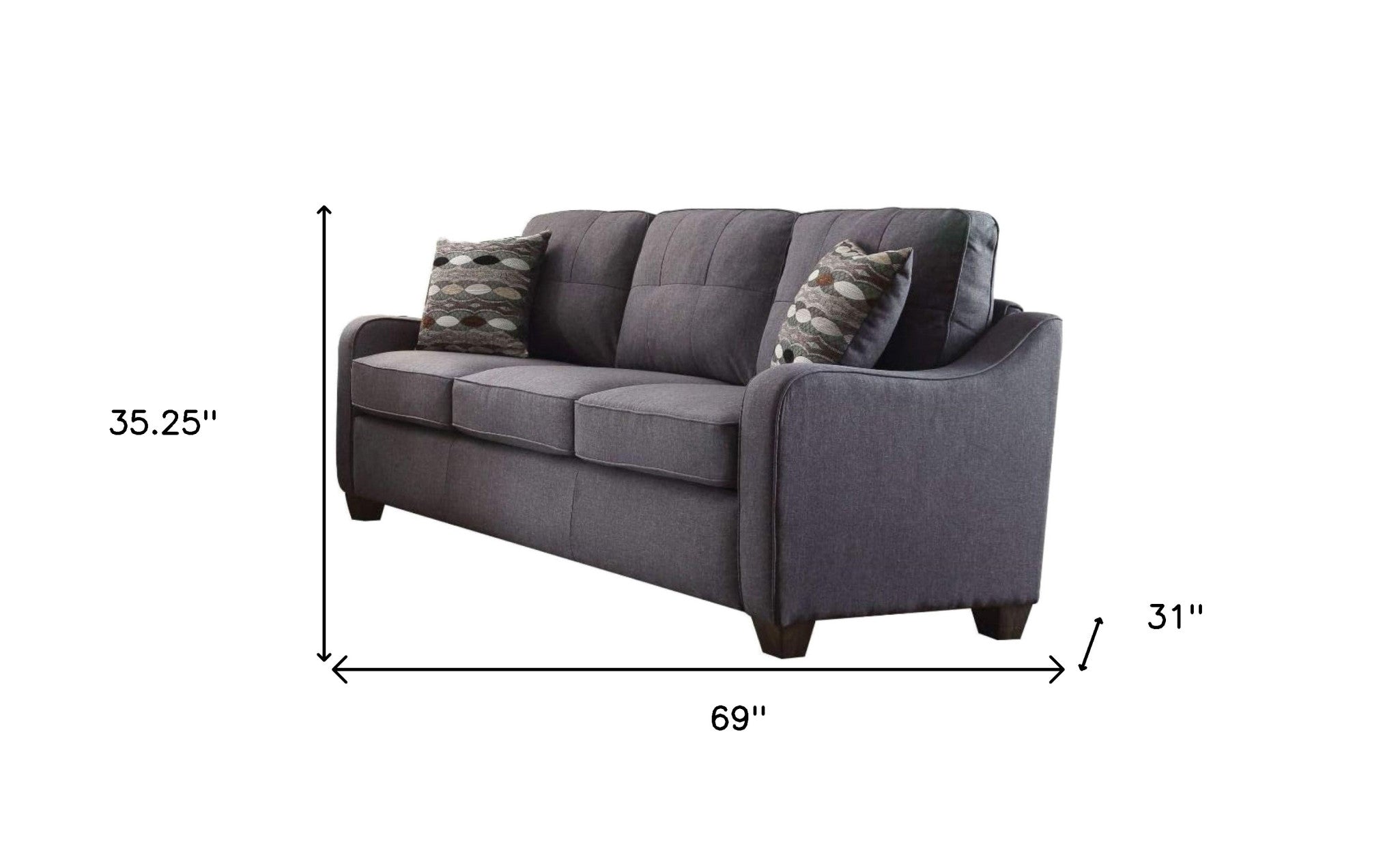 69" Gray Linen and Dark Brown Sofa and toss pillows