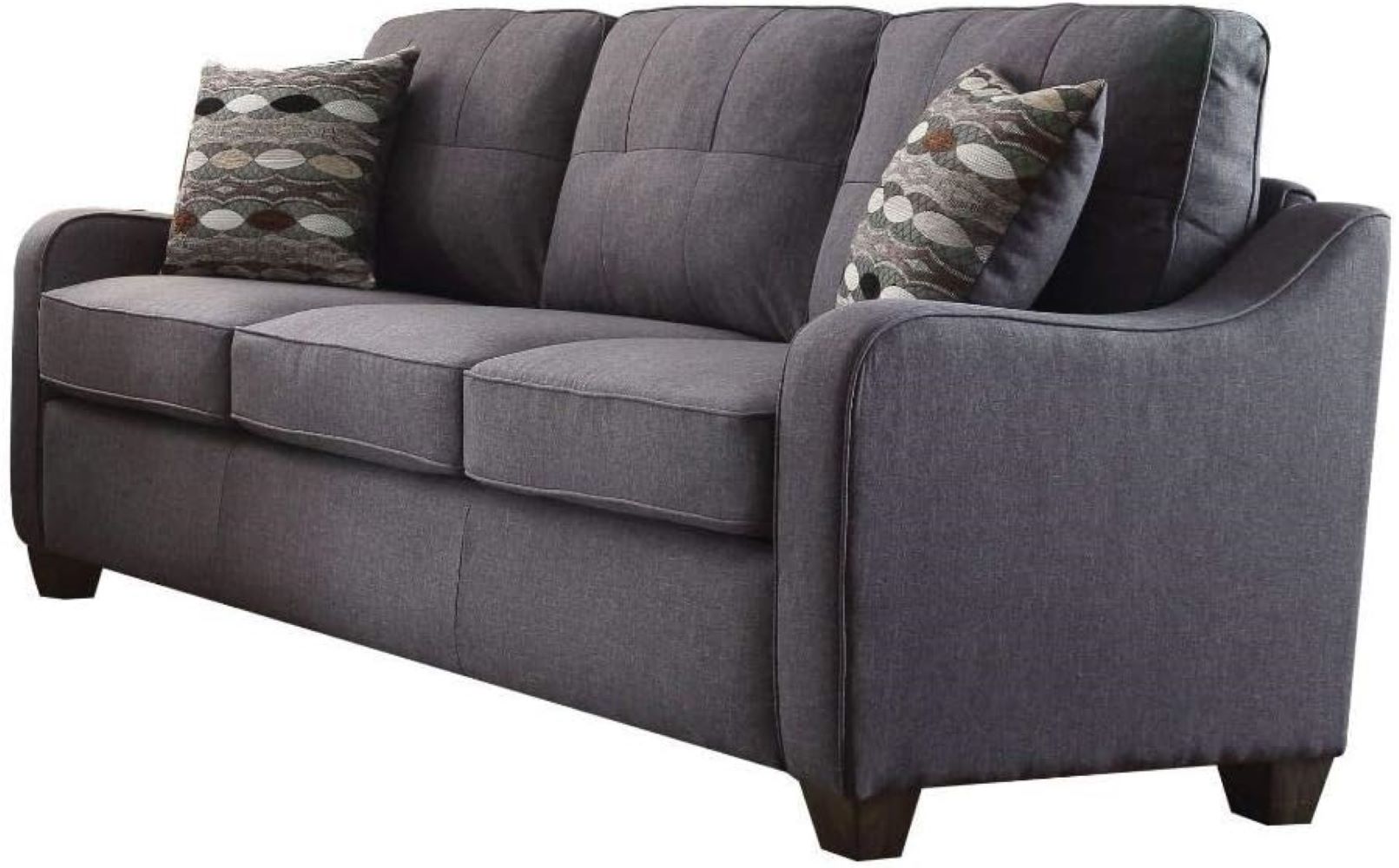 69" Gray Linen and Dark Brown Sofa and toss pillows