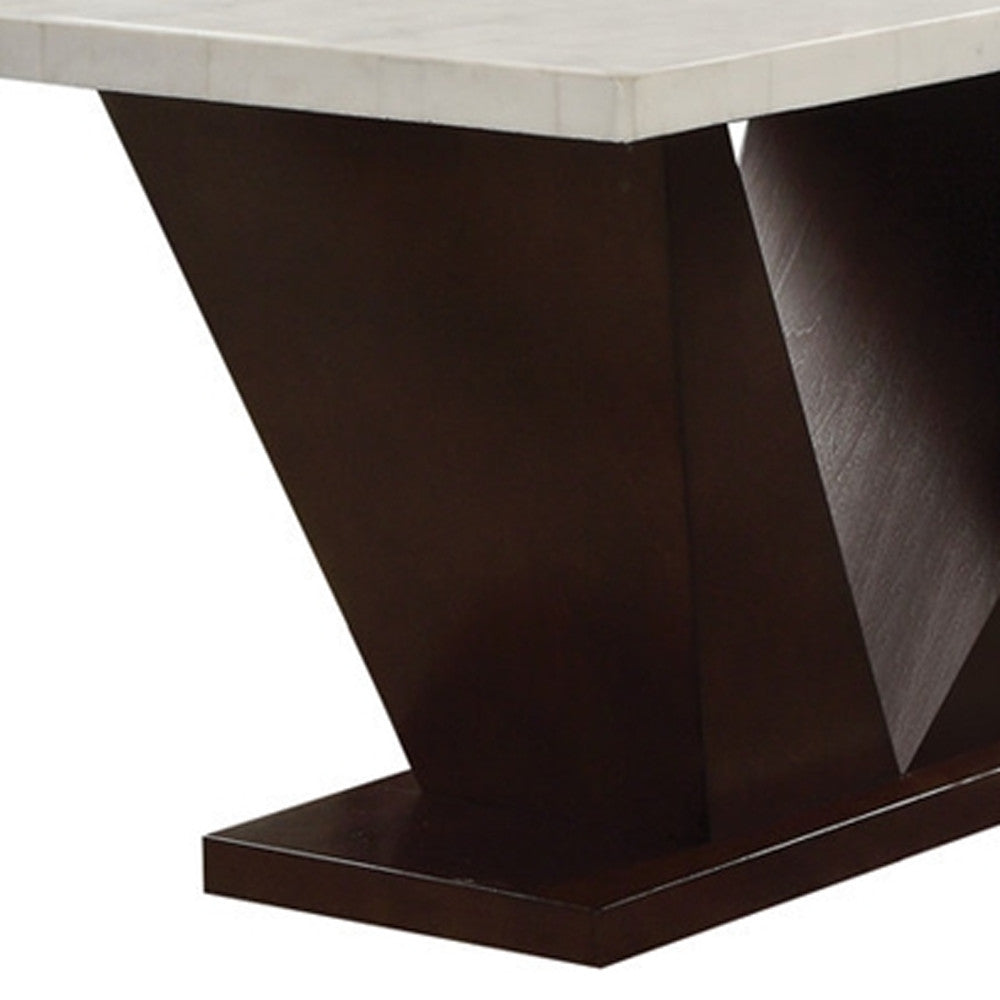 64" White And Dark Brown Marble And Solid Manufactured Wood Pedestal Base Dining Table