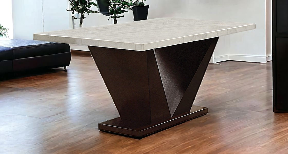 64" White And Dark Brown Marble And Solid Manufactured Wood Pedestal Base Dining Table