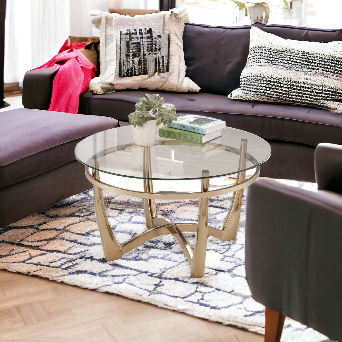 35" Clear And Champagne Glass And Metal Round Coffee Table