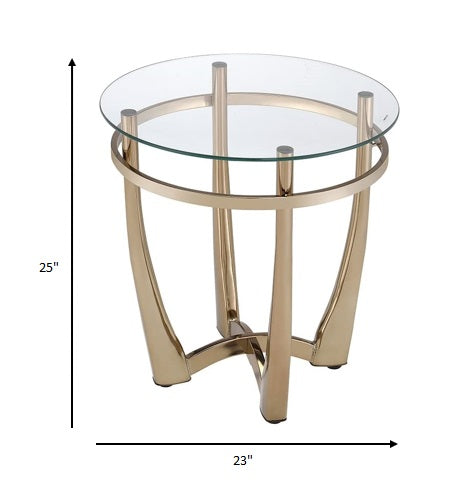 25" Champagne Gold  And Clear Glass Round Mirrored End Table