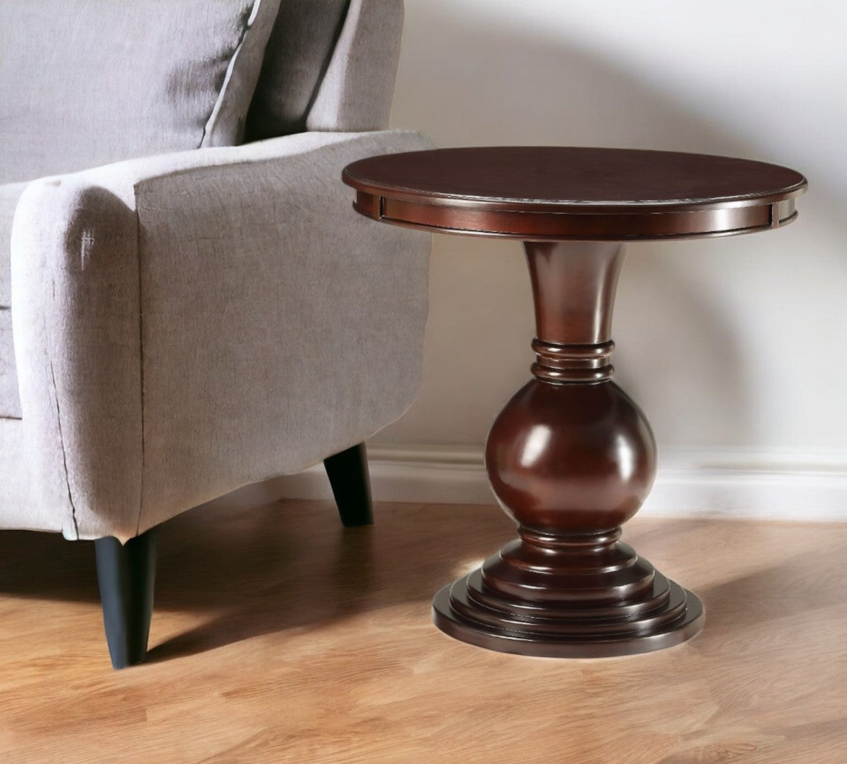 26" Brown Solid Wood Round Pedestal End Table