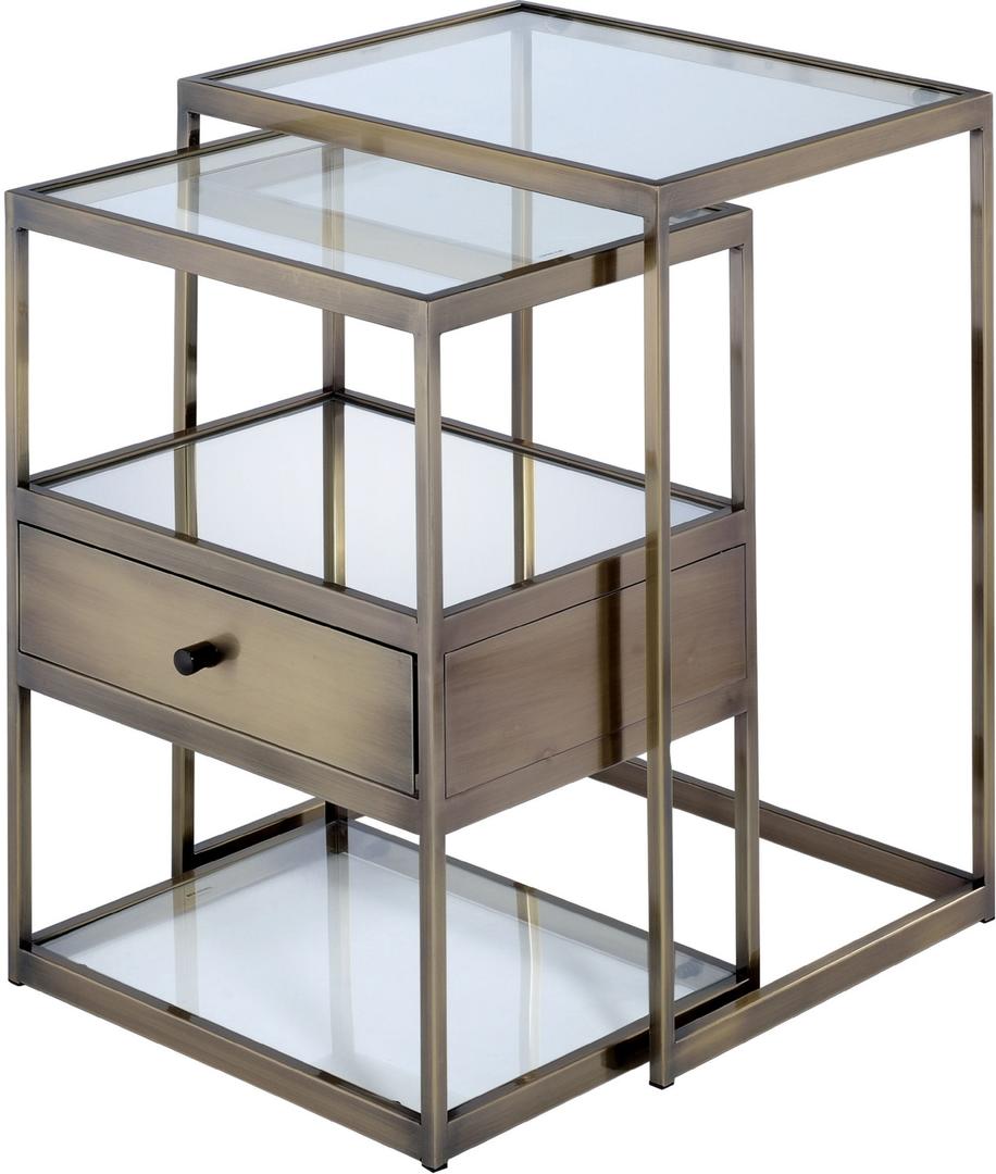 Set of Two 26" Brass And Clear Glass And Iron End Table With Drawer And Two Shelves With Magazine Holder