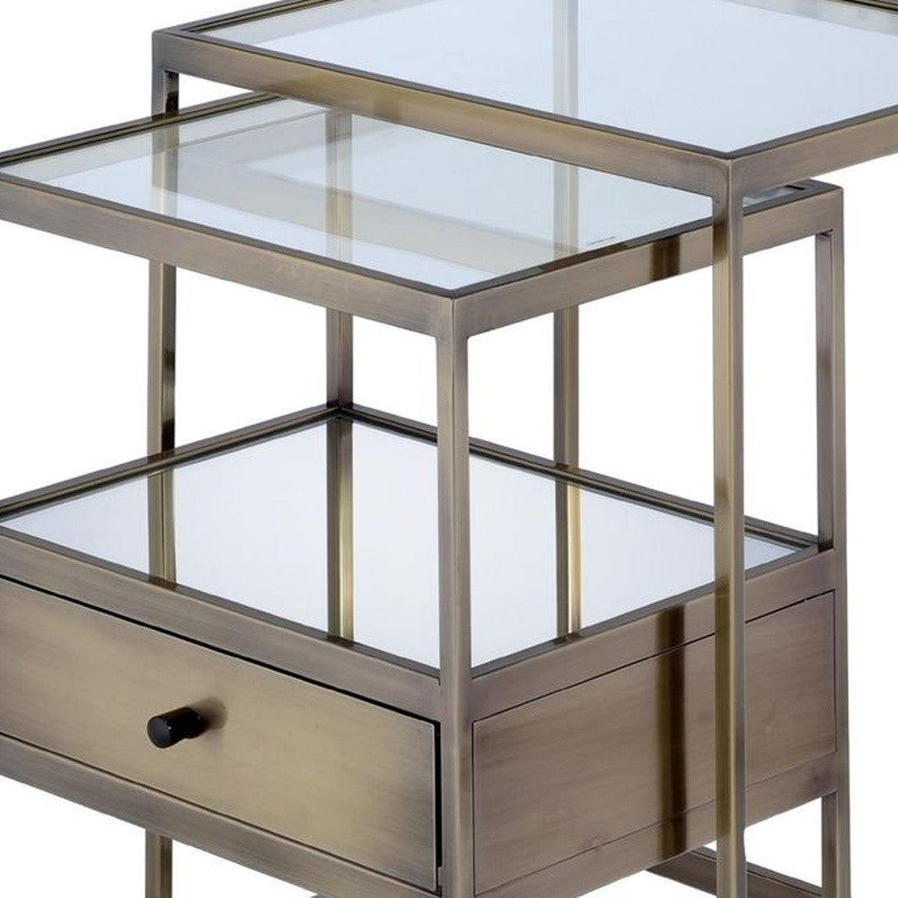 Set of Two 26" Brass And Clear Glass And Iron End Table With Drawer And Two Shelves With Magazine Holder