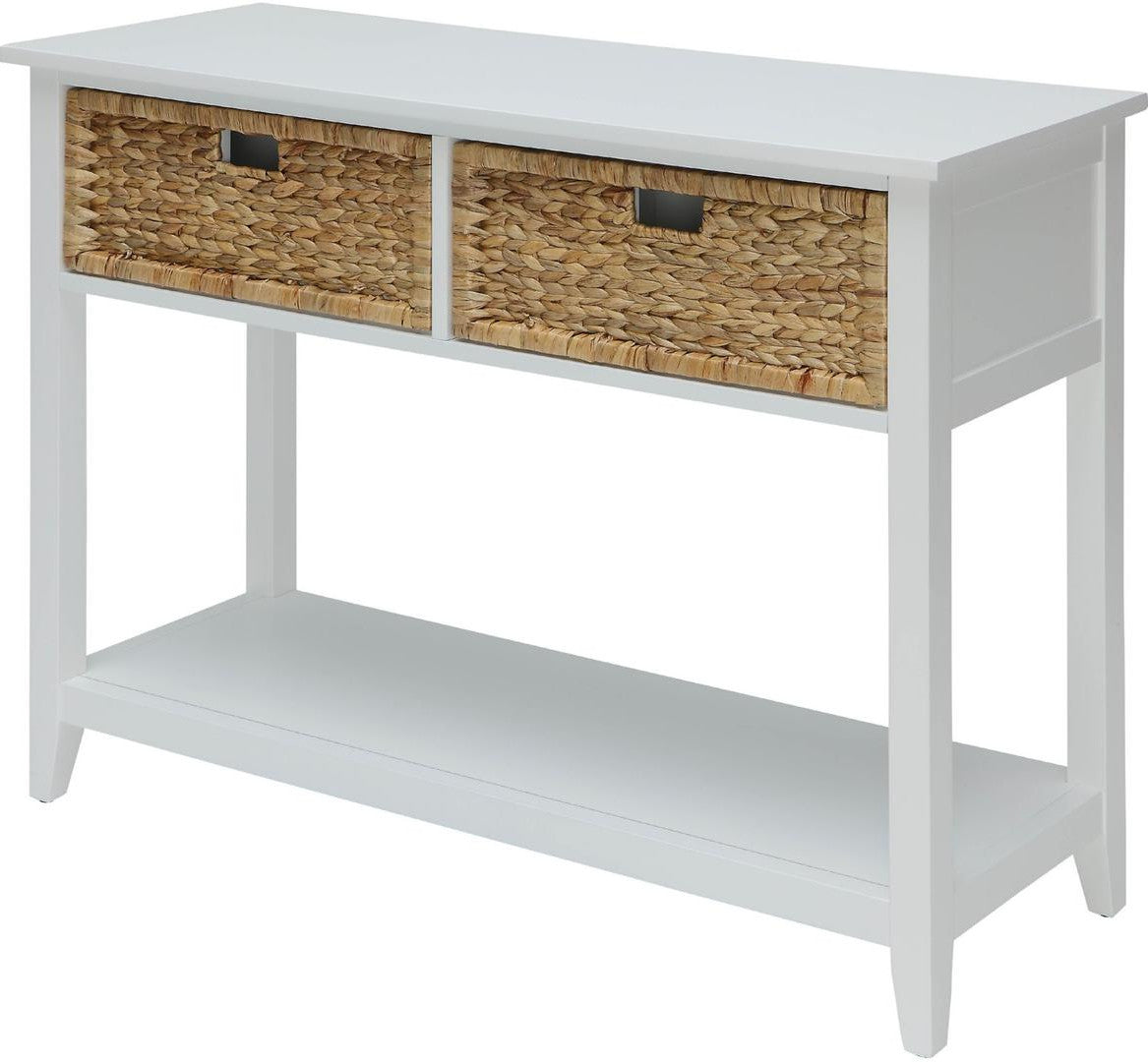 44" White and Natural Solid Wood Console Table With Shelves And Drawers