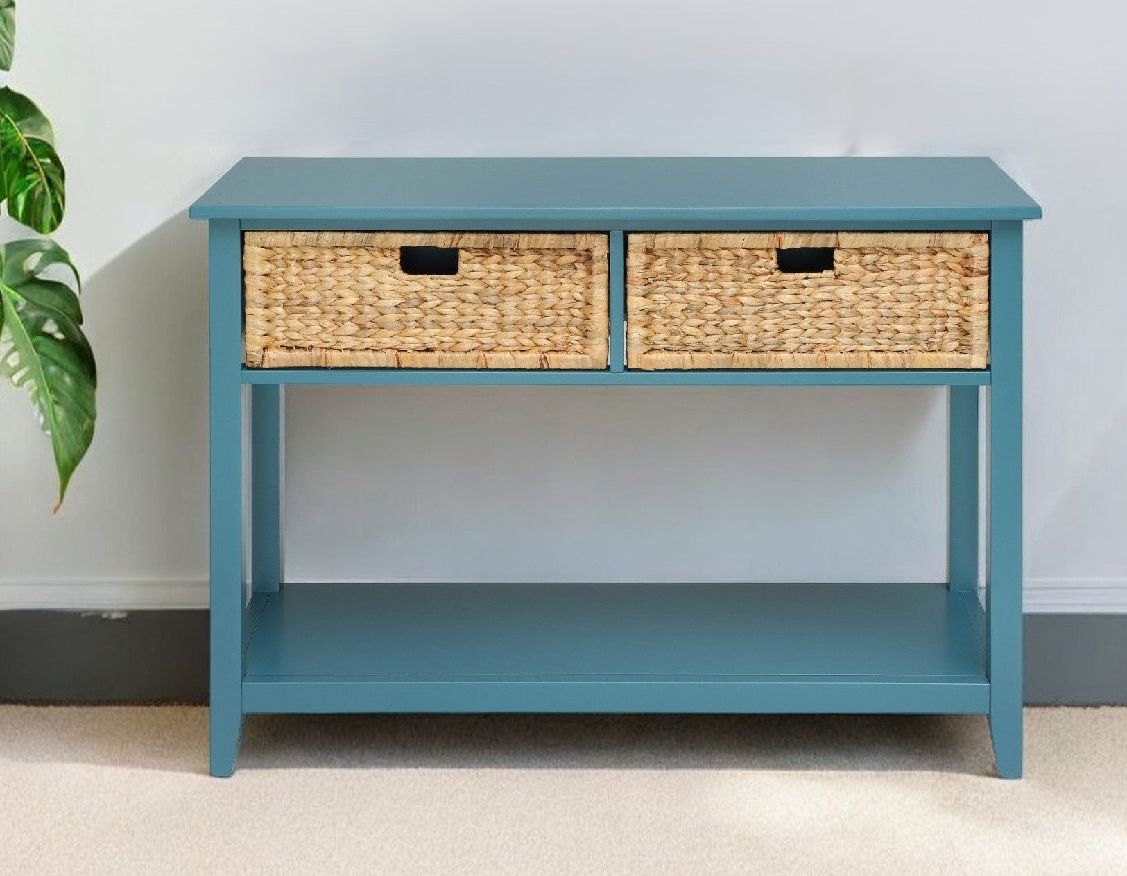 44" White and Natural Solid Wood Console Table With Shelves And Drawers